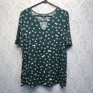 ModCloth Womens 2X Green Computer Keyboard Key Print Keyhole Short Sleeve Top